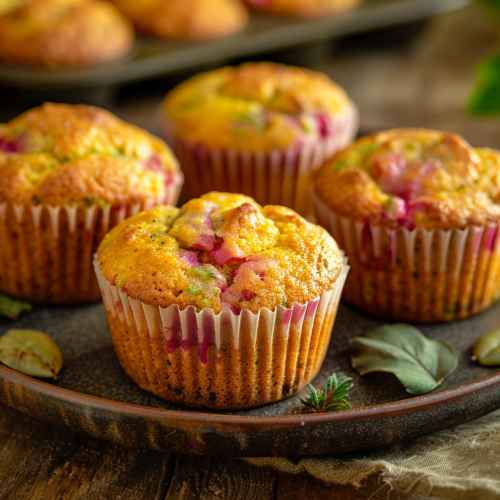 Quatre muffins à la rhubarbe présentés sur une assiette avec des feuilles pour décoration