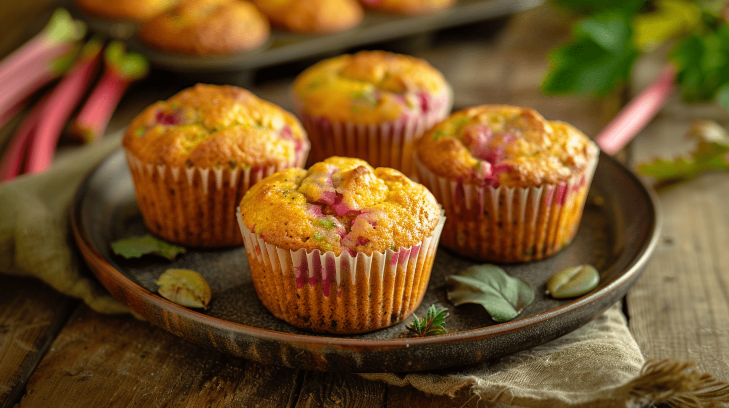 Quatre muffins à la rhubarbe présentés sur une assiette avec des feuilles pour décoration