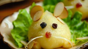 Poire souris, dessert pour enfants fait de poire d'amandes et de raisins secs