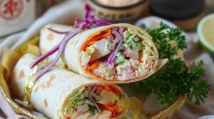 Wrap au surimi à la carrotte, salade et chou rouge