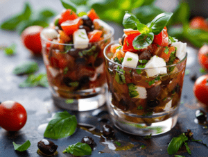 Verrines de caponata à la mozzarella et au basilic