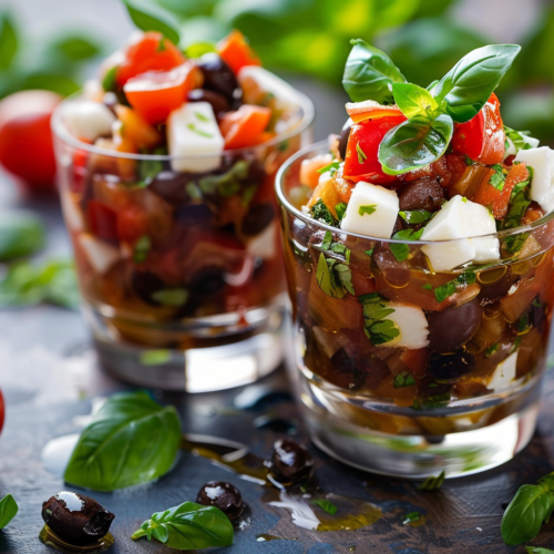 Verrines de caponata à la mozzarella et au basilic