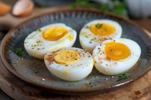 Cuisson des oeufs durs, quatre oeufs cuits à différents niveaux pour montrer comment on cuit les oeufs durs en fonction de comment on les aime