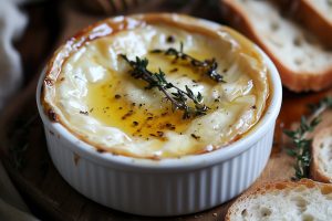 Camembert au four dans un ramequin, avec des herbes fraiches sur la croute bien dorée qui laisse apparaitre le fromage fondu et dégoulinant