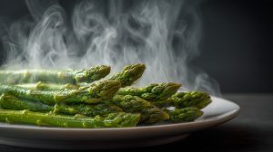 Asperges à la vapeur, fumantes dans une belle assiette