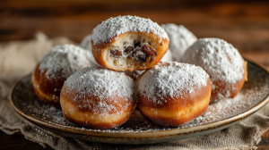 Beignets aux dattes sur une assiette, saupoudrés de sucre glace