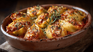 Conchiglionis farcis au thon et au fromage de chèvre bien gratinés dans un plat qui sort du four