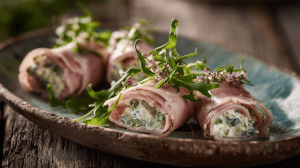 Cornets au jambon et au céleri, présentés dans une assiette avec de la salade roquette et des herbes fraîches