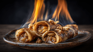 Crêpes roulées flambées aux pommes et aux noix servies dans une assiette en train de flamber