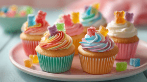 Cupcakes aux bonbons multicolores sur une assiette pour une fête d'anniversaire