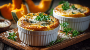 De délicieux flans de courges gratinés dans leurs ramequin blanc