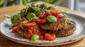 Galette de quinoa à la sauce tomate servie dans une assiette avec du basilic