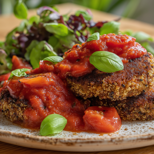 Galette de quinoa à la sauce tomate servie dans une assiette avec du basilic