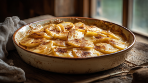 Un gratin aux pommes sans graisse dans son plat, sorti du four, saupoudré de cannelle