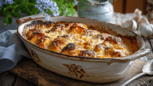 Un gratin poulet et patates douces sorti du four, dans son plat, bien doré