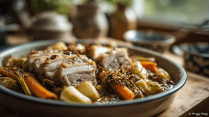 Kig ha farz pot-au-feu Breton dans un plat sur une table dressée