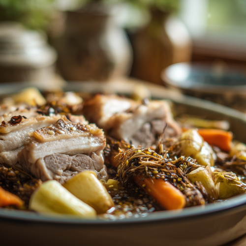 Kig ha farz pot-au-feu Breton dans un plat sur une table dressée