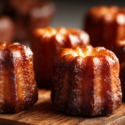 Mini cannelés de Bordeaux servis sur une planche en bois, bien dorés et croustillants, juste sortis du four