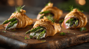 Mini croissant au jambon cru, aux asperge et au mascarpone, présentés sur une planche en bois pour l'apéritif