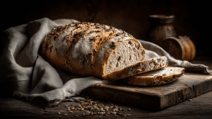 Pain aux châtaignes et aux petites graines présenté dans un torchon avec deux tranches coupées