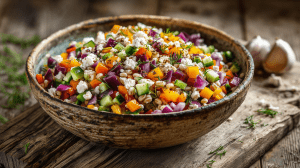 Salade d'orge présentée dans un bol, avec des légumes coupés, poivrons, concombres, tomates, oignons, et des herbes