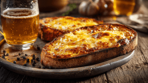 Toasts au cheddar et à la bière présentés dans une assiette, avec du fromage bien doré et coulant, servi avec une bonne pinte de bière blonde comme dans un pub anglais