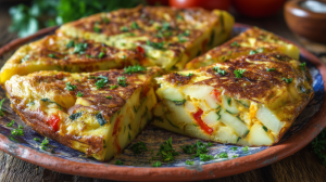 Tortilla aux légumes coupée pour bien voir les légumes croquants, dans une belle assiette
