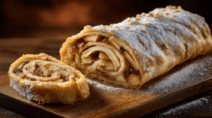 Apfelstrudel traditionnel présenté sur une planche en bois, une tranche coupée, saupoudré avec du sucre glace