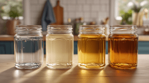 4 bocaux avec des liquides, un avec de l'eau, un avec du lait, un avec de l'huile et un avec du miel