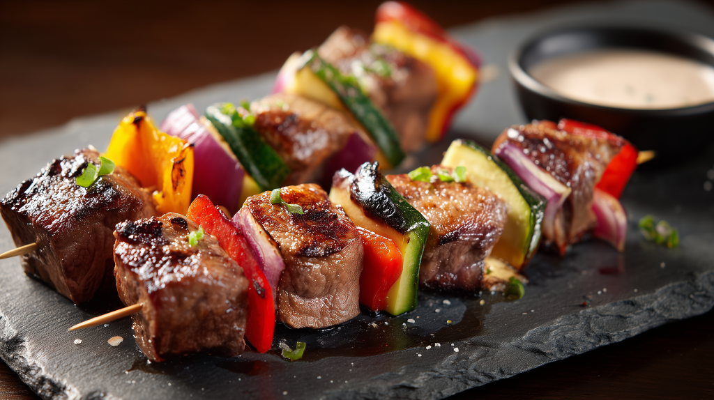 mini brochettes au foie de veau, marinées avec des légumes croquants, parfaites à la poele ou au barbecue. Servies sur une planche d'ardoise