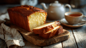 Cake du dimanche sans beurre, avec deux tranches coupées. Le dessert idéal pour un dessert réussi au goûter le dimanche après-midi.
