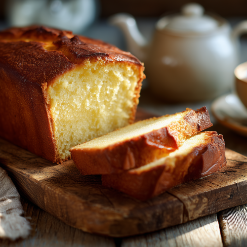 Cake du dimanche sans beurre, avec deux tranches coupées. Le dessert idéal pour un dessert réussi au goûter le dimanche après-midi.