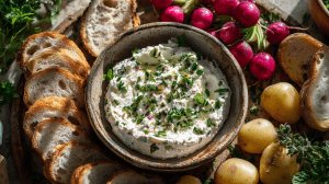 cervelle de canuts, fromage blanc aux herbes traditionnel de Lyon, servi dans un bol entouré de pain, de radis et de pommes de terre