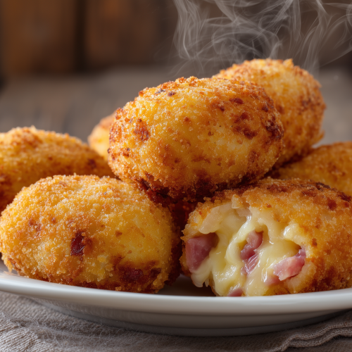 Croquettes de pommes de terre au jambon et au gruyère, dans une assiette, bien croustillantes, avec le fromage qui fond