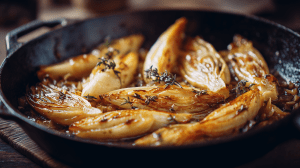 Endives braisées au miel et aux oignons, dans une poele en fonte, bien dorées