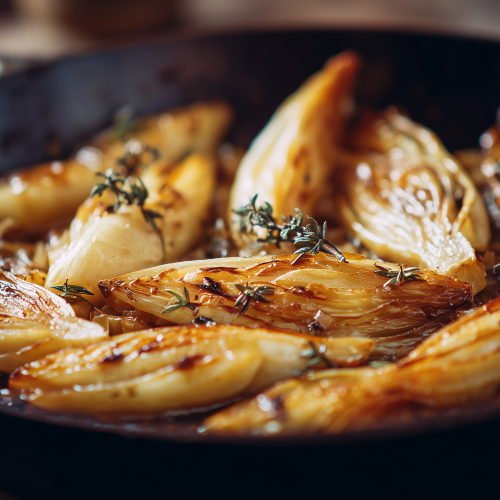 Endives braisées au miel et aux oignons, dans une poele en fonte, bien dorées
