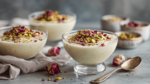Ferni, crème dessert iranienne, plus généralement du Moyen Orient. Dans des ramequins en verre, avec des morceaux de pistaches et des pétales de rose séchés