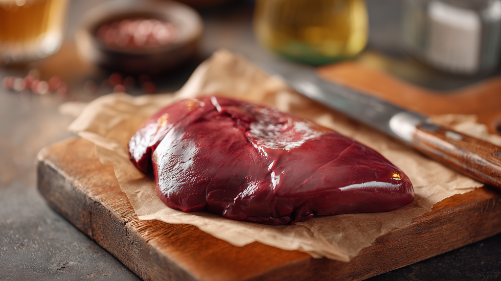 foie de veau cru sur une planche en bois, le foie de veau est riche en vitamine A B B12 D E K et C, riche en fer et contient des minéraux comme le cuivre, le zinc et le selenium