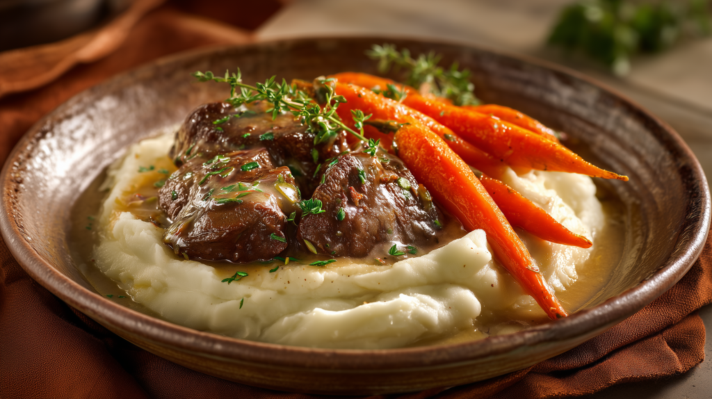 foie de veau sur une purée avec des petites carottes braisées