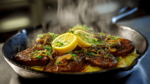 Foies de veau au vinaigre de citron, dans une poele en fonte au dessus d'une purée de pomme de terre. Au-dessus des échalottes, du persil et des tranches de citron