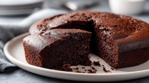 fondant au chocolat sans beurre avec une part coupée sur un plat blanc