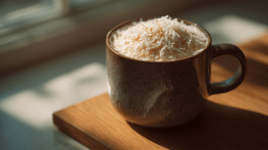 Fondant à la noix de coco au micro-ondes, présenté dans un mug sur une table en bois