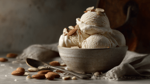 glace aux amandes, trois boules servies dans un bol avec des morceaux d'amande par dessus et autour pour la décoration