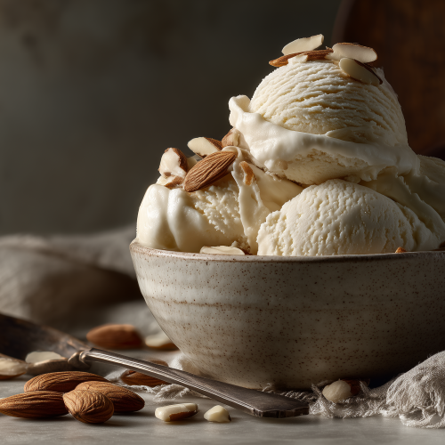 glace aux amandes, trois boules servies dans un bol avec des morceaux d'amande par dessus et autour pour la décoration