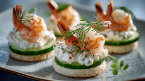 hors d'oeuvre de crevettes au lieu-noir présentés sur une assiette pour un apéritif élégant
