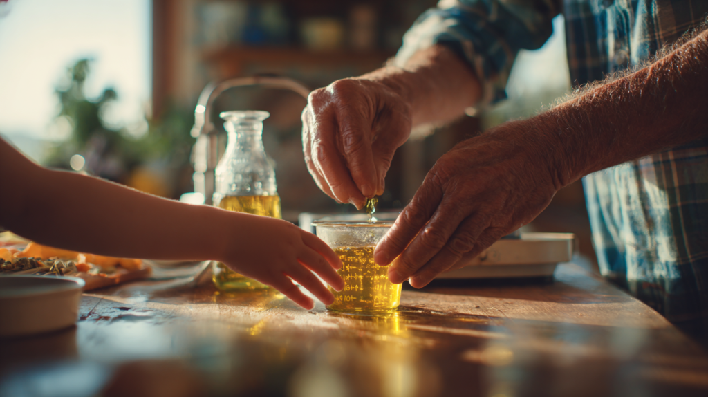 grand père qui ajoute des aromates dans un récipient avec de l'huile, avec son petit fils