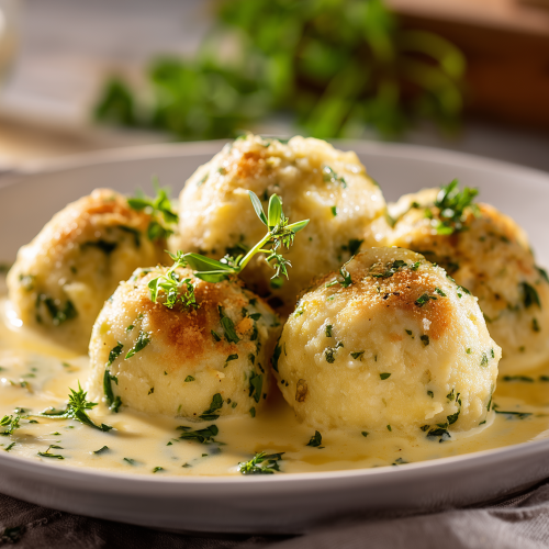 Knödels, ou quenelles à la viennoises, servi dans une assiette avec une sauce blanche et des herbes fraîches