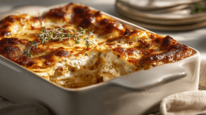 Lasagnes au potiron et au chèvre dans leur plat au four.