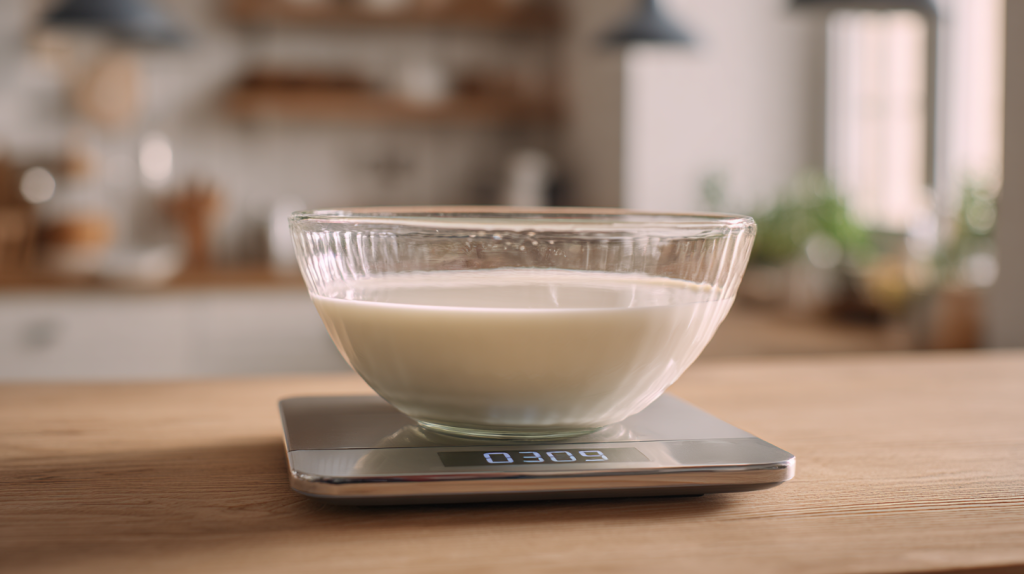 bol de lait sur une balance digitale dans une cuisine