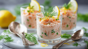 Mousse de saumon aux herbes dans des verrines avec une rondelle de citron